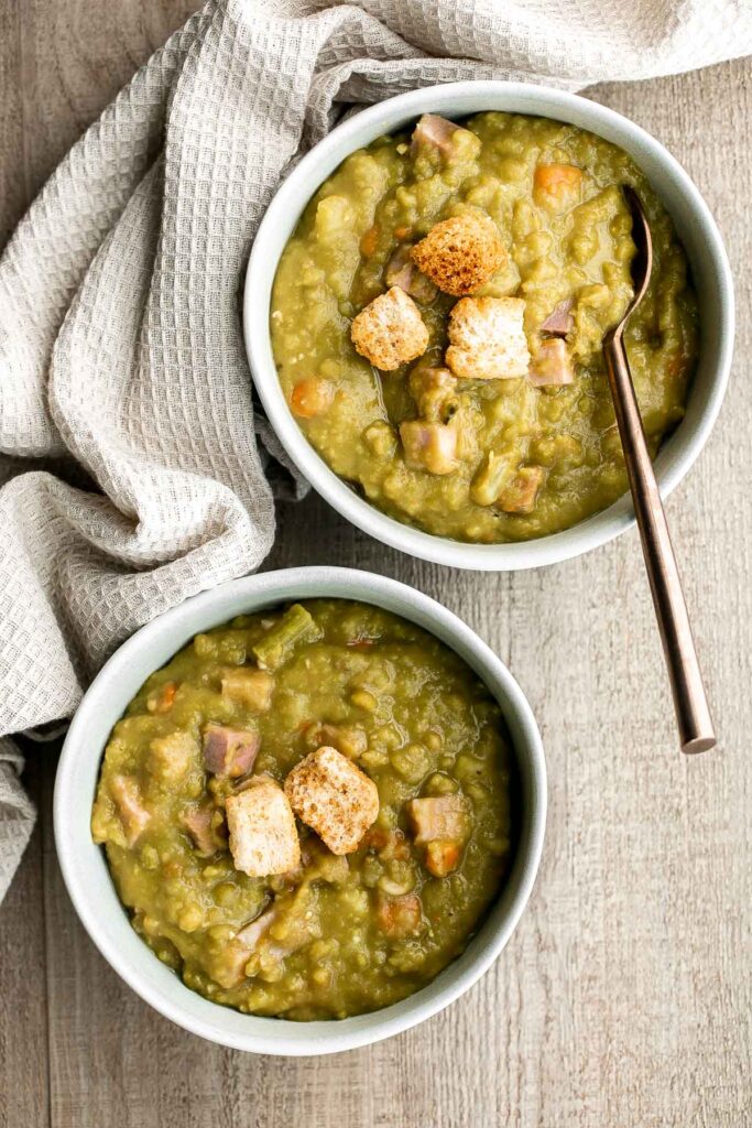 Classic split pea soup is a wholesome, filling, and delicious one pot meal that will warm you up. It's hearty, flavorful, and is loaded with nutrients. | aheadofthyme.com