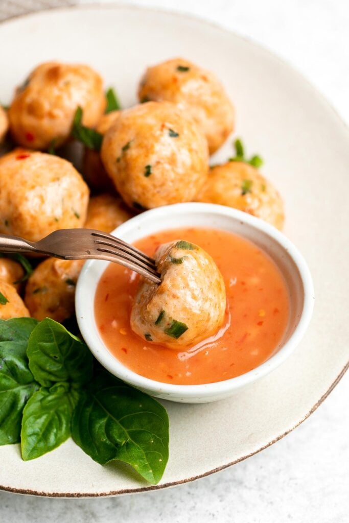 Sweet chili turkey meatballs are delicious, tender and juicy, loaded with classic Thai flavors, and quick and easy to make. Savory, sweet, and tangy. | aheadofthyme.com