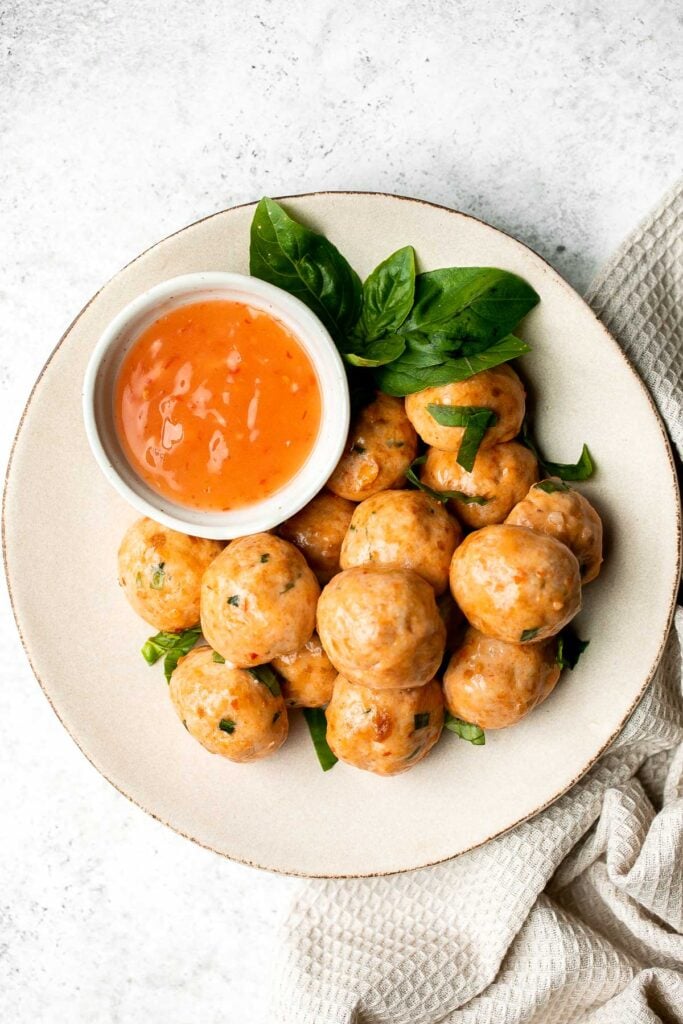 Sweet chili turkey meatballs are delicious, tender and juicy, loaded with classic Thai flavors, and quick and easy to make. Savory, sweet, and tangy. | aheadofthyme.com