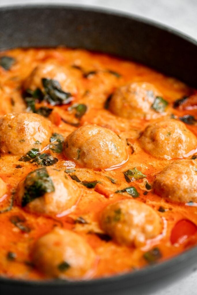 Thai turkey meatballs in coconut curry are the perfect weeknight dinner when you want something delicious, healthy, flavorful, and satisfying. | aheadofthyme.com