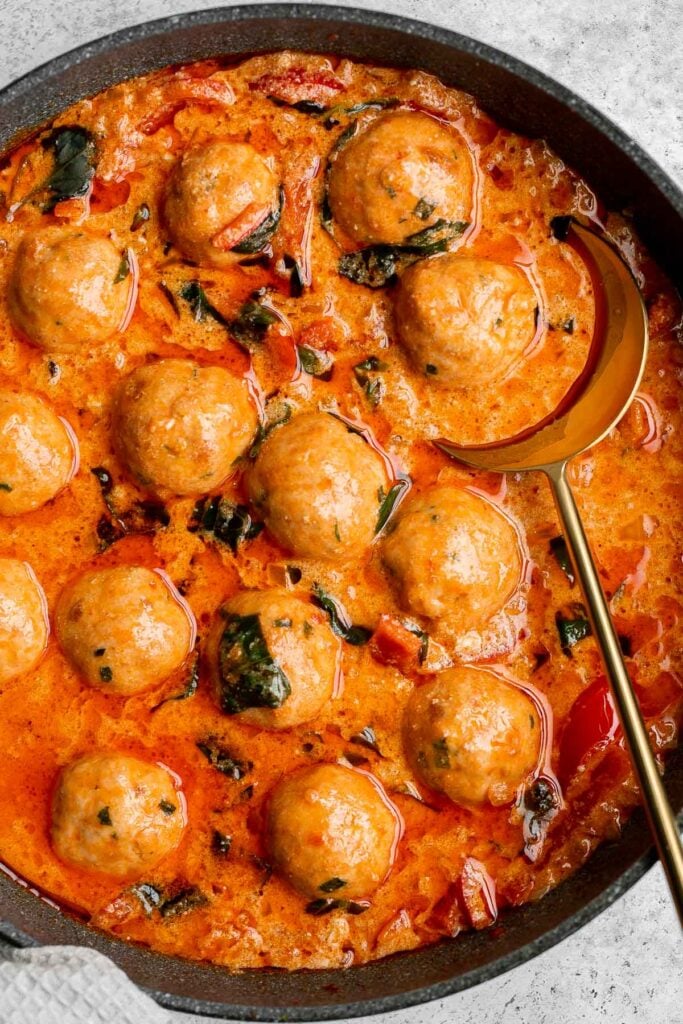 Thai turkey meatballs in coconut curry are the perfect weeknight dinner when you want something delicious, healthy, flavorful, and satisfying. | aheadofthyme.com