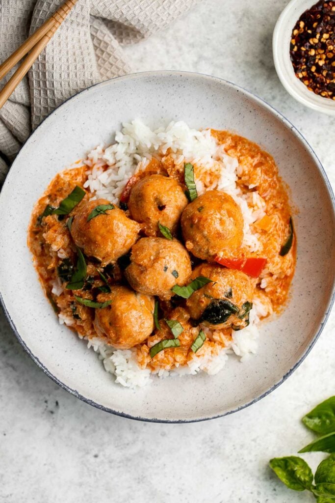 Thai turkey meatballs in coconut curry are the perfect weeknight dinner when you want something delicious, healthy, flavorful, and satisfying. | aheadofthyme.com