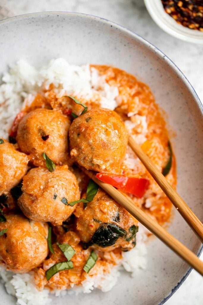 Thai turkey meatballs in coconut curry are the perfect weeknight dinner when you want something delicious, healthy, flavorful, and satisfying. | aheadofthyme.com