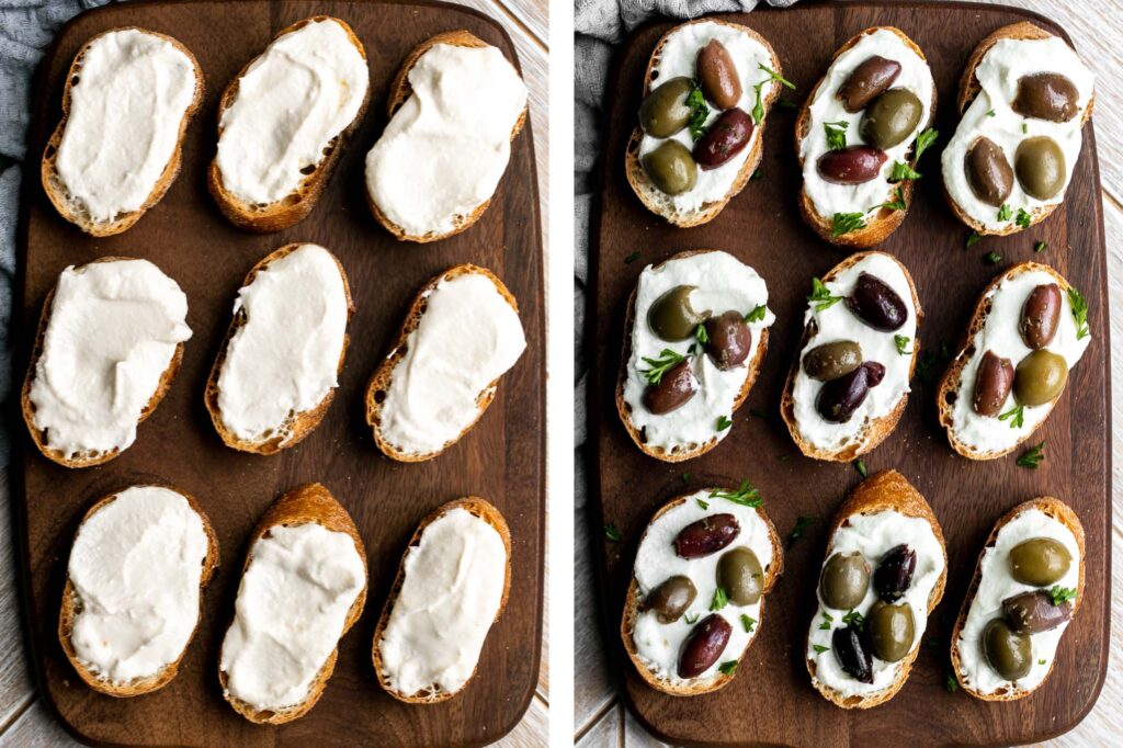 Whipped feta crostini with a herby olive topping is quick and easy snack or appetizer that is ready in less than 20 minutes — or 10 minutes if you’re fast. | aheadofthyme.com