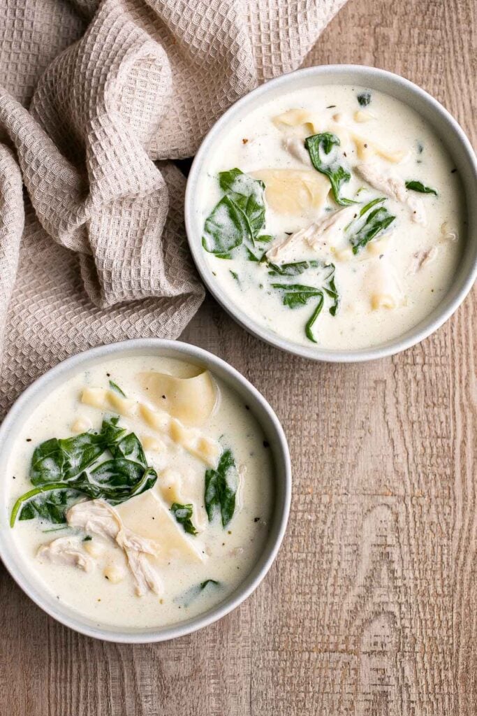 White chicken lasagna soup is a thick and creamy soup version of this classic Italian dish. It’s quick and easy to make in just 30 minutes. | aheadofthyme.com