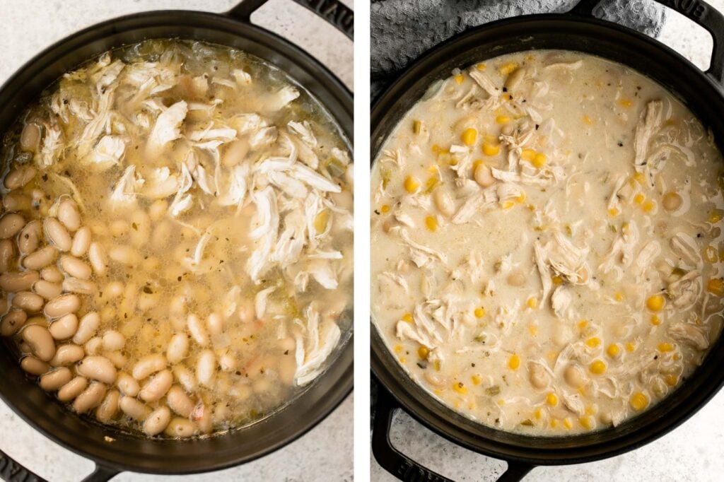 White chicken chili is an easy and delicious one pot meal made with shredded chicken, hearty veggies, and a creamy broth that's loaded with flavor. | aheadofthyme.com