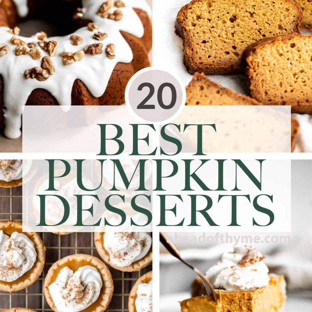 Over 20 most popular best pumpkin desserts including pumpkin pie, pumpkin bread, pumpkin cake recipes, pumpkin cookies, pumpkin cinnamon rolls, and more! | aheadofthyme.com