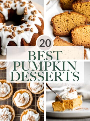Over 20 most popular best pumpkin desserts including pumpkin pie, pumpkin bread, pumpkin cake recipes, pumpkin cookies, pumpkin cinnamon rolls, and more! | aheadofthyme.com