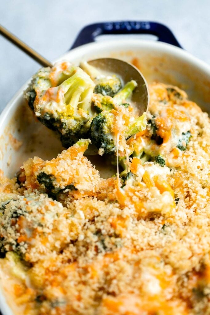 Broccoli cheese casserole is creamy, cheesy, and delicious — the most comforting side dish. It’s crispy on the outside but soft and tender inside. | aheadofthyme.com