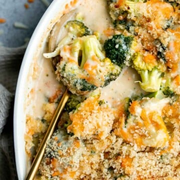 Broccoli cheese casserole is creamy, cheesy, and delicious — the most comforting side dish. It’s crispy on the outside but soft and tender inside. | aheadofthyme.com