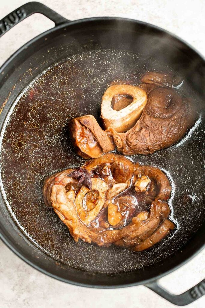 Chinese braised veal shank is juicy, tender, spicy, and sweet. It's an easy one pot recipe that takes very little effort to make with just 5 minutes prep. | aheadofthyme.com