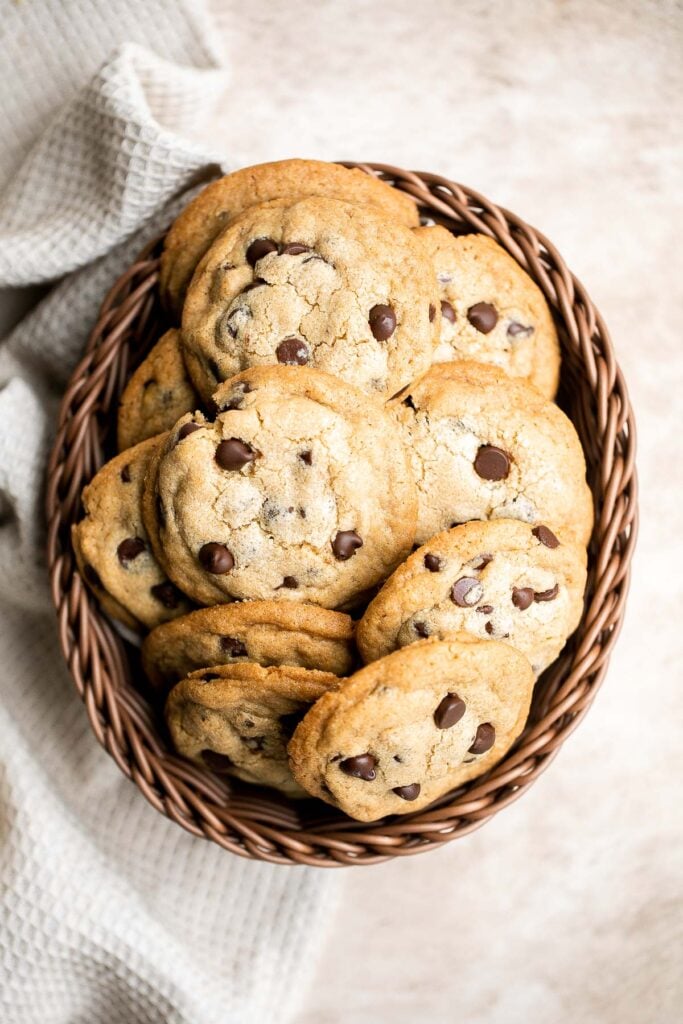 Homemade chocolate chip cookies are soft and chewy, have perfectly crisp edges, and are loaded with chocolate chips. This classic cookie is quick and easy. | aheadofthyme.com