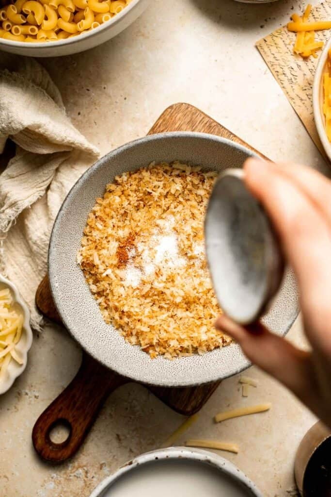 Classic Baked Mac and Cheese is creamy, cheesy, and topped with golden garlic breadcrumbs. The ultimate comfort food, ready in under an hour. | aheadofthyme.com