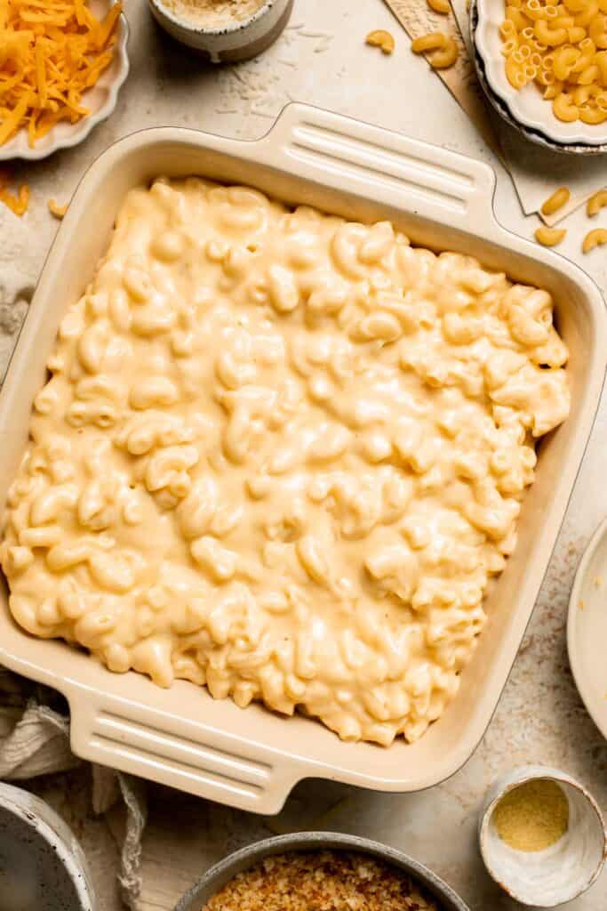 Classic Baked Mac and Cheese is creamy, cheesy, and topped with golden garlic breadcrumbs. The ultimate comfort food, ready in under an hour. | aheadofthyme.com