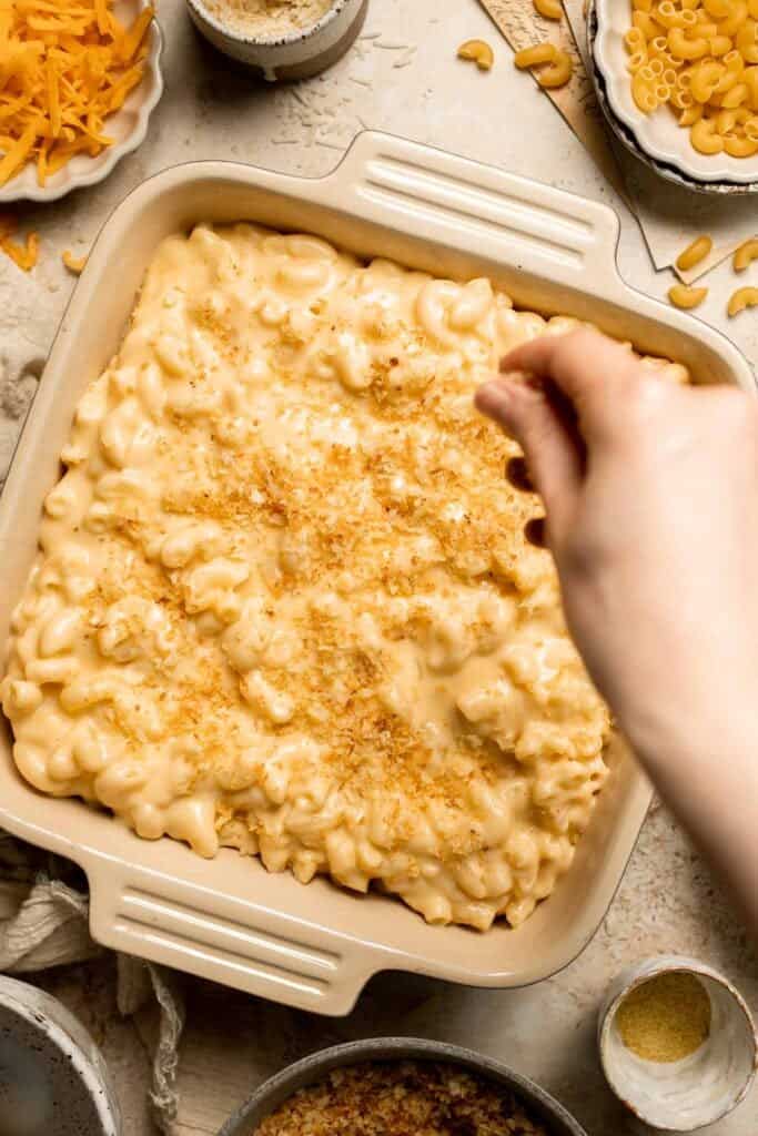 Classic Baked Mac and Cheese is creamy, cheesy, and topped with golden garlic breadcrumbs. The ultimate comfort food, ready in under an hour. | aheadofthyme.com