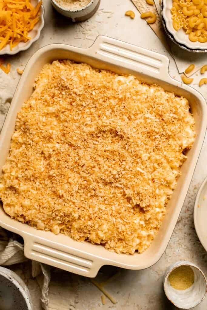 Classic Baked Mac and Cheese is creamy, cheesy, and topped with golden garlic breadcrumbs. The ultimate comfort food, ready in under an hour. | aheadofthyme.com
