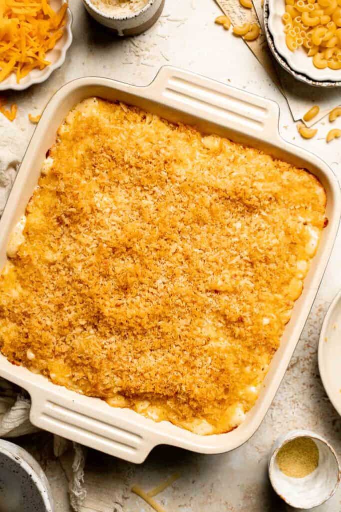 Classic Baked Mac and Cheese is creamy, cheesy, and topped with golden garlic breadcrumbs. The ultimate comfort food, ready in under an hour. | aheadofthyme.com
