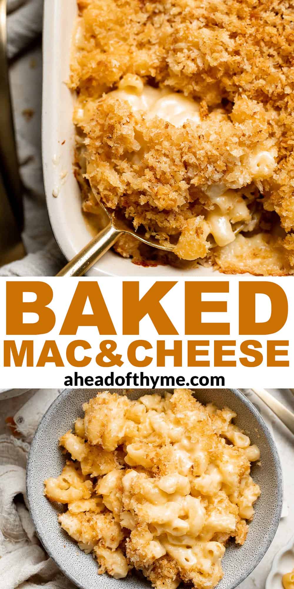 Classic Baked Mac and Cheese is creamy, cheesy, and topped with golden garlic breadcrumbs. The ultimate comfort food, ready in under an hour. | aheadofthyme.com