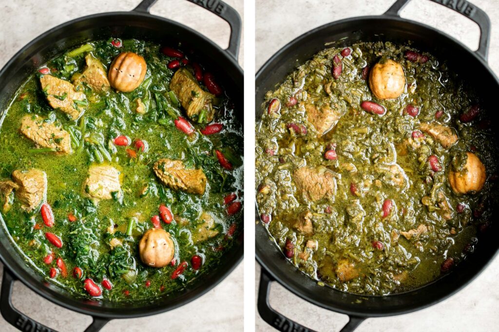 Ghormeh sabzi is a classic traditional Persian herb stew with beef or lamb, fresh herbs, and kidney beans, that's slowly cooked, developing so much flavor. | aheadofthyme.com