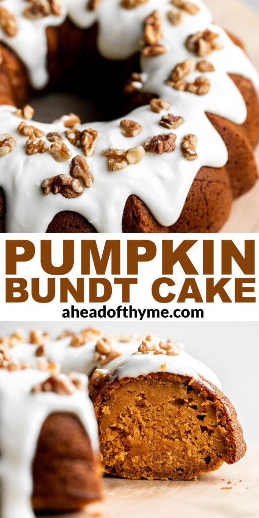 Pumpkin bundt cake with cream cheese icing is a perfect fall dessert to serve this year — super moist inside, with a perfect golden brown crumby crust. | aheadofthyme.com