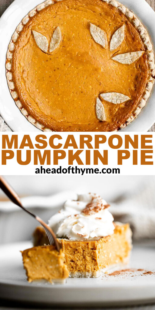 Pumpkin mascarpone pie is a warm and cozy holiday dessert that is incredibly easy to make with just minutes of prep work before popping into the oven. | aheadofthyme.com