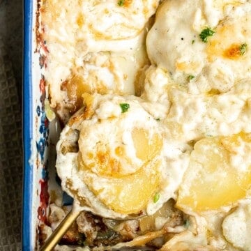 Scalloped potatoes are a creamy, cheesy, indulgent side dish that will make cheese lovers swoon. Every bite is savory, rich, comforting, and delicious. | aheadofthyme.com