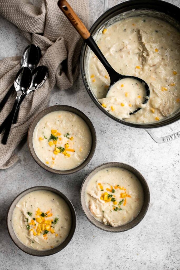 Leftover turkey potato chowder is a creamy, savory, and delicious soup that is loaded with holiday leftovers. Quick and easy, ready in under 30 minutes. | aheadofthyme.com