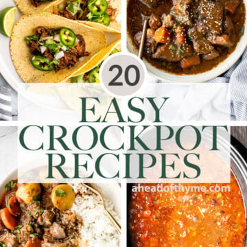 Over 20 best easy crockpot recipes for the slow cooker including chicken, soup, chili, curry, stews, turkey, tacos, ribs, and more! | aheadofthyme.com