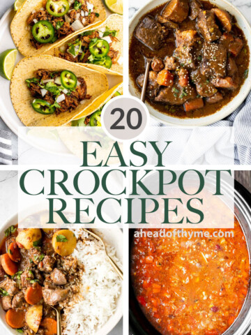 Over 20 best easy crockpot recipes for the slow cooker including chicken, soup, chili, curry, stews, turkey, tacos, ribs, and more! | aheadofthyme.com