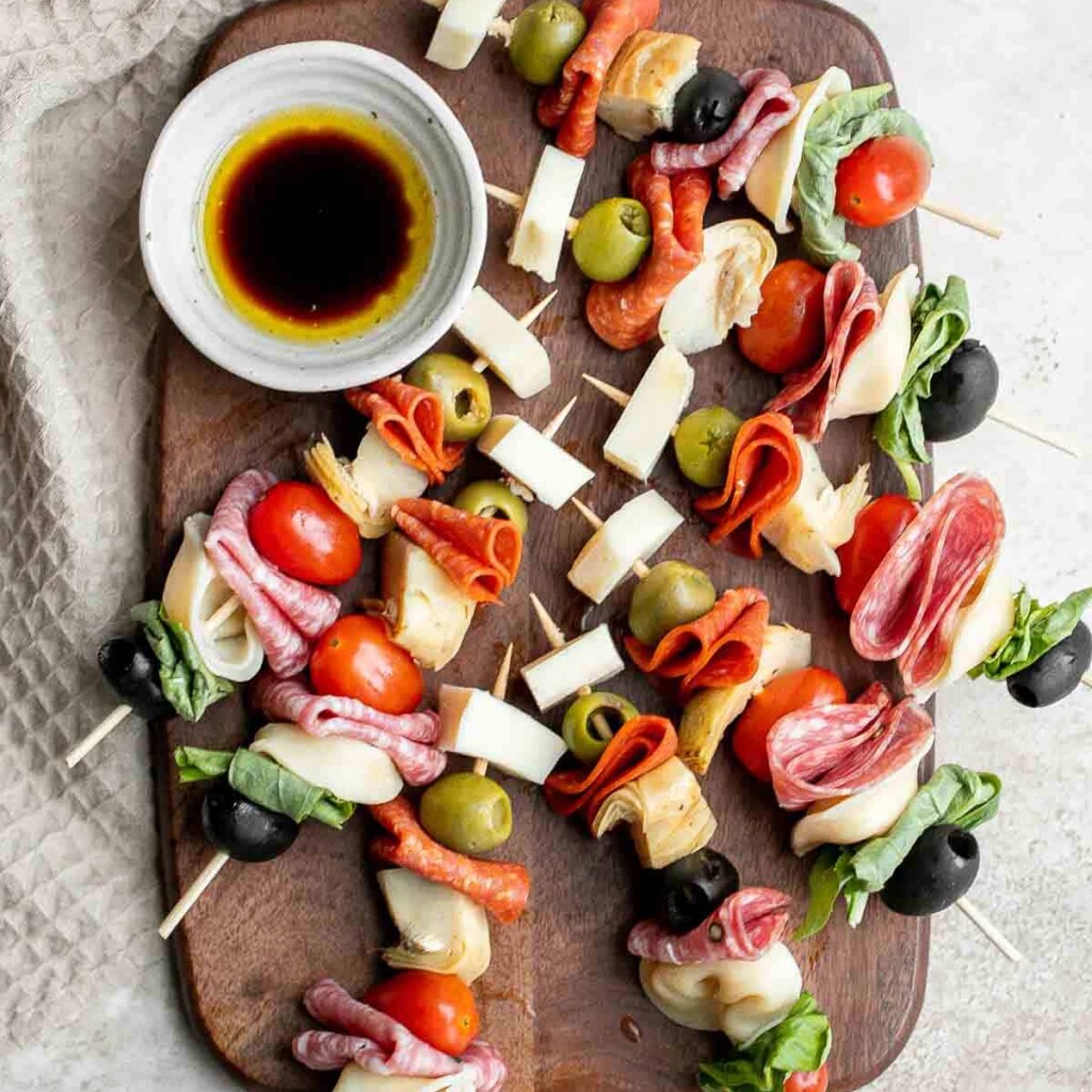 Antipasto skewers with tortellini are a quick, easy, and delicious appetizer with the best parts of a traditional antipasto platter but easier to eat. | aheadofthyme.com