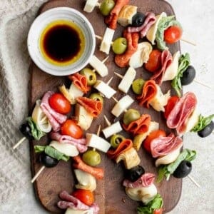 Antipasto skewers with tortellini are a quick, easy, and delicious appetizer with the best parts of a traditional antipasto platter but easier to eat. | aheadofthyme.com