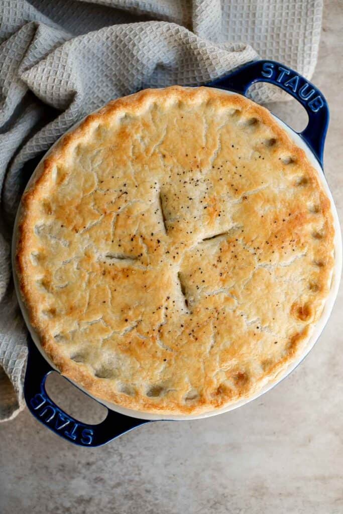 Homemade chicken pot pie is loaded with a delicious, creamy, savory filling contained by a crispy, buttery, and flaky pie crust. It stores and freezes well. | aheadofthyme.com