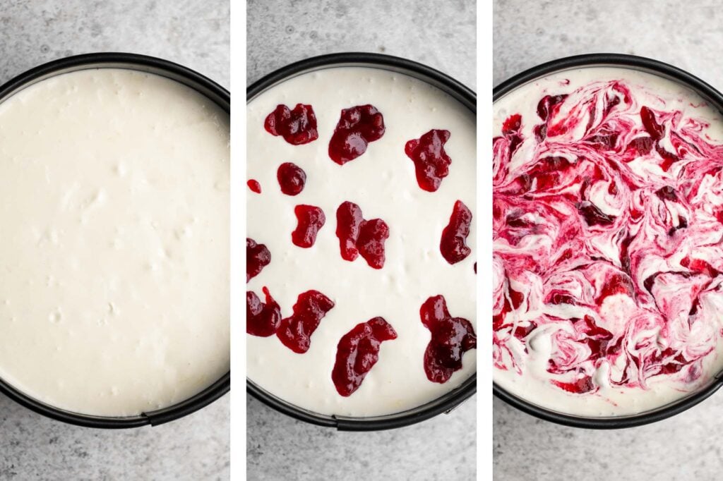 Cranberry sauce swirl cheesecake is creamy, smooth, and indulgent. With a gorgeous red swirl on top, it's the perfect holiday dessert for your next party. | aheadofthyme.com