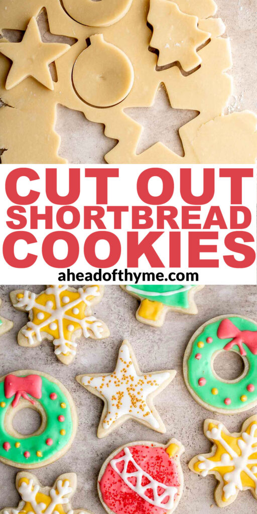 Cut out shortbread cookies are soft, buttery, and melt in your mouth. Made with a simple 5-ingredient cookie dough and decorated with optional royal icing. | aheadofthyme.com