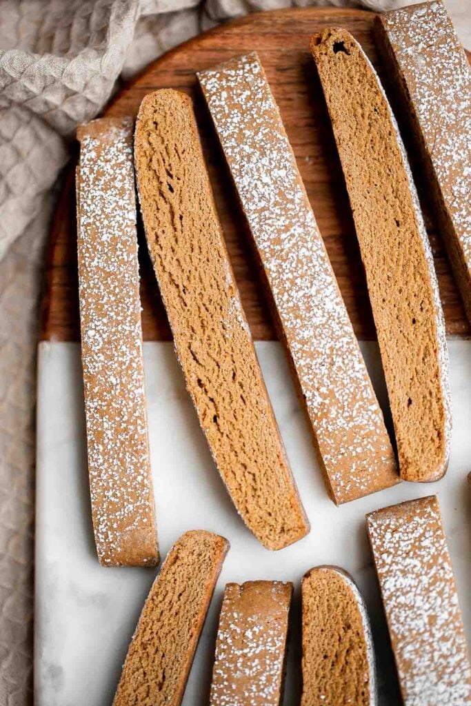 Gingerbread biscotti have the best crunchy and crumbly texture, are loaded with festive holiday spices, are easy to make, and stores well for weeks. | aheadofthyme.com