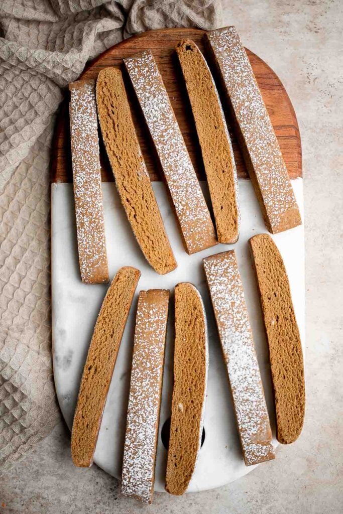 Gingerbread biscotti have the best crunchy and crumbly texture, are loaded with festive holiday spices, are easy to make, and stores well for weeks. | aheadofthyme.com