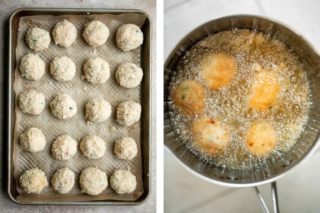 Mashed potato balls are a delicious appetizer that is crisp on the outside and soft, tender, and cheesy inside. Best way to use leftover mashed potatoes! | aheadofthyme.com