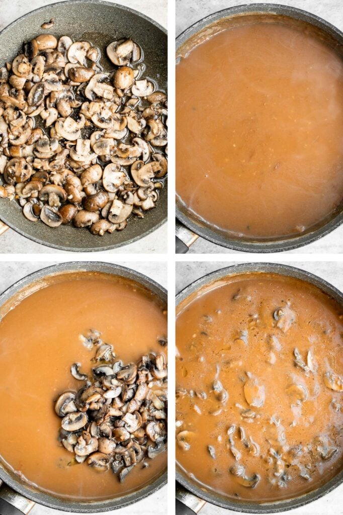 Vegetarian mushroom gravy is creamy, savory and thick, easy to make, loaded with flavor, and pairs well with everything! Make it vegan and dairy-free too. | aheadofthyme.com