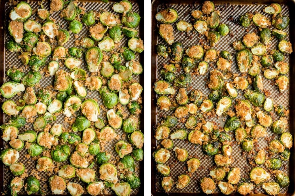 Parmesan crusted Brussels sprouts are a quick, easy, delicious side dish that's perfectly crispy outside and soft and tender inside. Ready in 30 minutes. | aheadofthyme.com