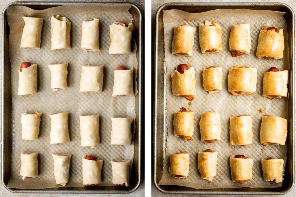 Pigs in a blanket from scratch are a delicious and easy appetizer or snack to make for your next party or gathering — juicy, cheesy, flaky, and buttery. | aheadofthyme.com
