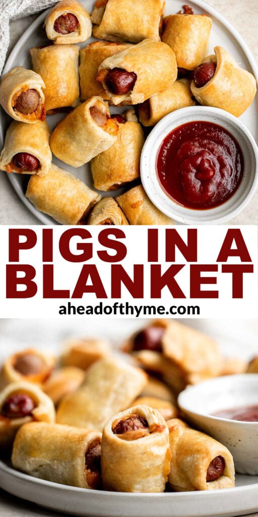 Pigs in a blanket from scratch are a delicious and easy appetizer or snack to make for your next party or gathering — juicy, cheesy, flaky, and buttery. | aheadofthyme.com