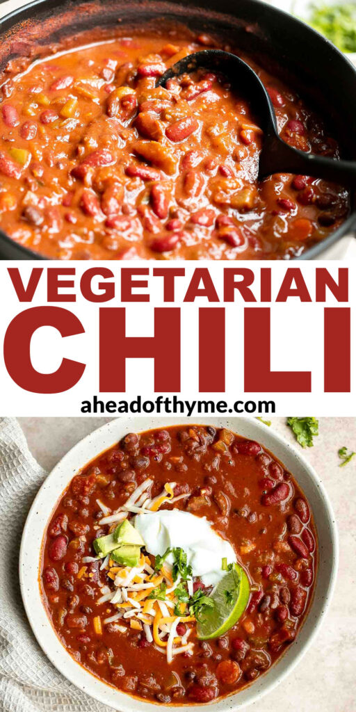 Easy one pot vegetarian chili is the perfect warm and cozy comfort meal — it’s hearty, filling, wholesome, flavorful, delicious, and loaded with protein. | aheadofthyme.com
