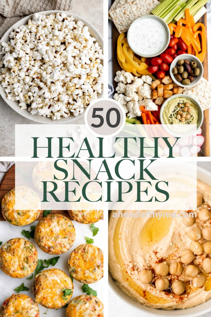Over 50 best healthy snacks that you can make at home including snacks by the handful, dips and spreads, baked goods and bread, smoothies, and more! | aheadofthyme.com