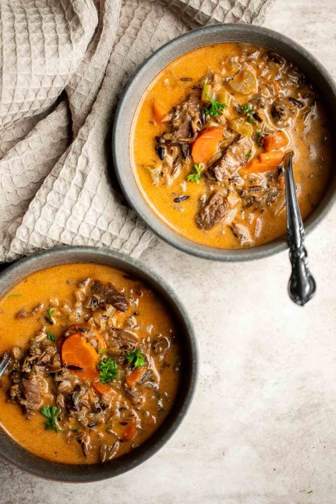 Creamy beef wild rice soup is savory, flavorful, and delicious, packed with vegetables and beef flank steak (or leftover roast beef!), and freezes well. | aheadofthyme.com