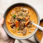 Creamy beef wild rice soup is savory, flavorful, and delicious, packed with vegetables and beef flank steak (or leftover roast beef!), and freezes well. | aheadofthyme.com