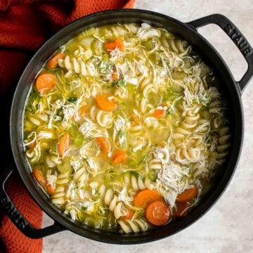 Homemade chicken noodle soup is classic, comforting, simple, quick, and easy to make at home. Plus, you can use leftover rotisserie chicken to save time. | aheadofthyme.com