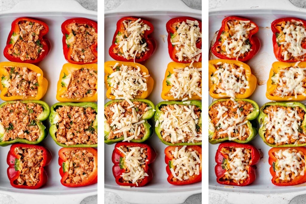 Chicken parmesan stuffed peppers are delicious, flavorful, healthy, and filling, and combines two all-time favorites. Great for meal prep and freezes well. | aheadofthyme.com