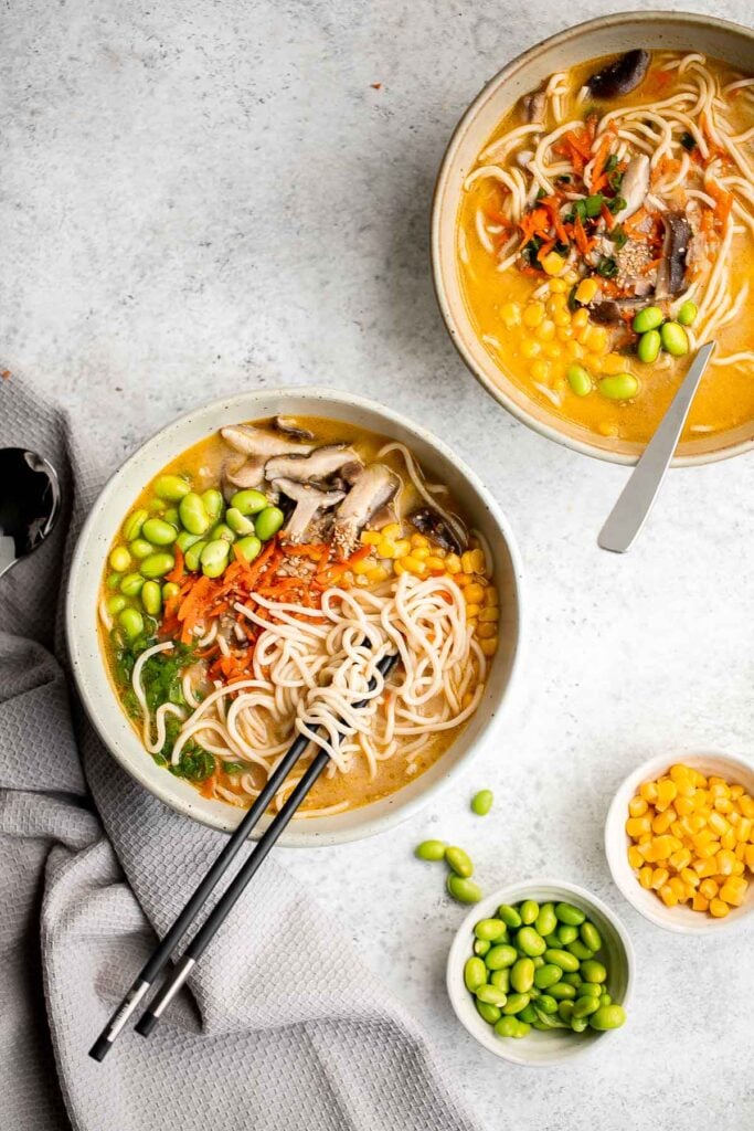 Creamy vegan ramen is delicious, flavorful, and healthy comfort food, packed with nutrients that will give you an immunity boost. Ready in just 30 minutes! | aheadofthyme.com