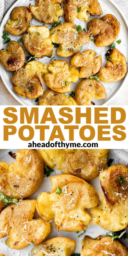 These crispy smashed potatoes are the perfect side dish. They’re easy to make, crispy on the outside, tender and fluffy on the inside, and so flavorful. | aheadofthyme.com