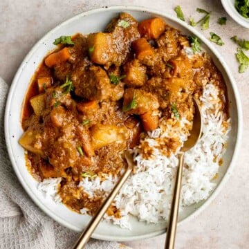 Instant pot beef curry with potatoes and carrots is delicious, hearty, comforting, and flavorful. It's made quick and easy in the pressure cooker. | aheadofthyme.com